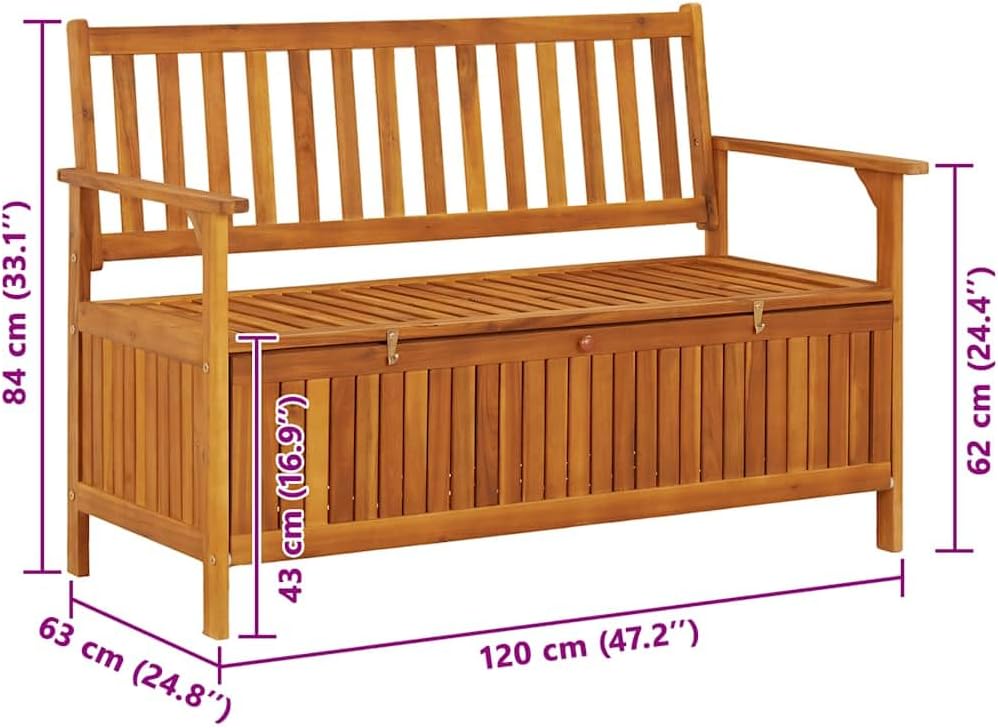 Patio Storage Bench 47.2" Solid Acacia Wood Outdoor Bench Seat with Armr...