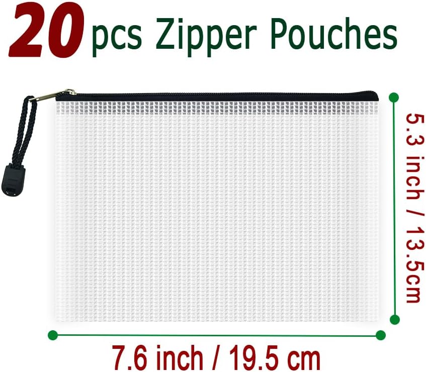 AUSTARK 20 Pcs Zipper File Bags, Plastic Mesh Pouch, Board Game Storage, Waterproof Bags for Office School (B6 Size 7.6''x5.3'', White and Black)