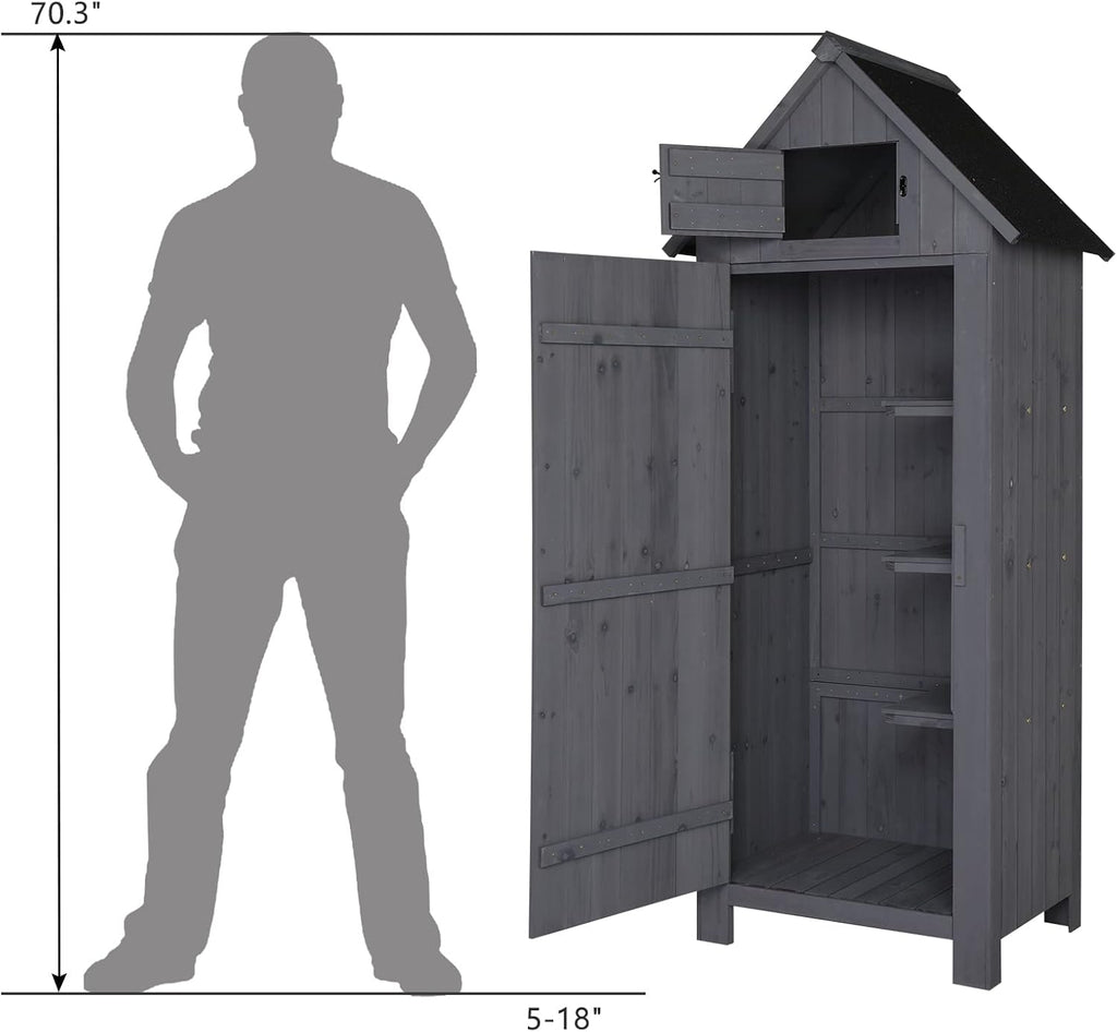 Outvita 70in Outdoor Storage Shed, Waterproof Wooden Garden Storage Cabinet with Lockable Door, Grey