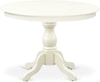 East West Furniture HBBO3-LWH-C 3 Piece Modern Dining Table Set Contains a Round Wooden Table with Pedestal and 2 Linen Fabric Kitchen Dining Chairs, 42x42 Inch, Linen White