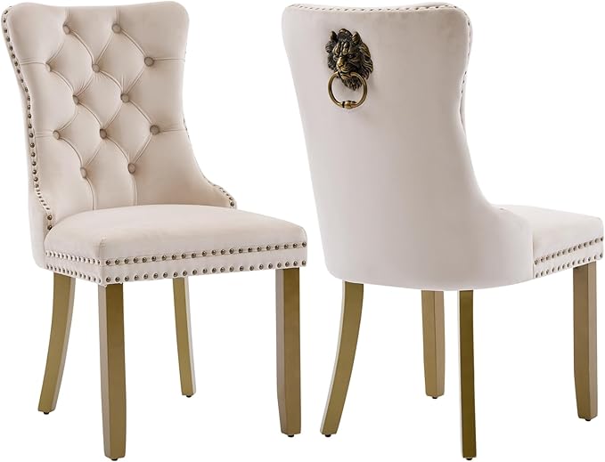Velvet Dining Chairs Set of 2, Modern Tufted Dining Room Chair, Upholstered Dining Chairs with Lion Head Pulls Ring and Golden Solid Wood Legs, Luxury Kitchen Chairs for Dining Room, Beige