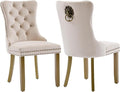 Velvet Dining Chairs Set of 2, Modern Tufted Dining Room Chair, Upholstered Dining Chairs with Lion Head Pulls Ring and Golden Solid Wood Legs, Luxury Kitchen Chairs for Dining Room, Beige