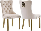 Velvet Dining Chairs Set of 2, Modern Tufted Dining Room Chair, Upholstered Dining Chairs with Lion Head Pulls Ring and Golden Solid Wood Legs, Luxury Kitchen Chairs for Dining Room, Beige
