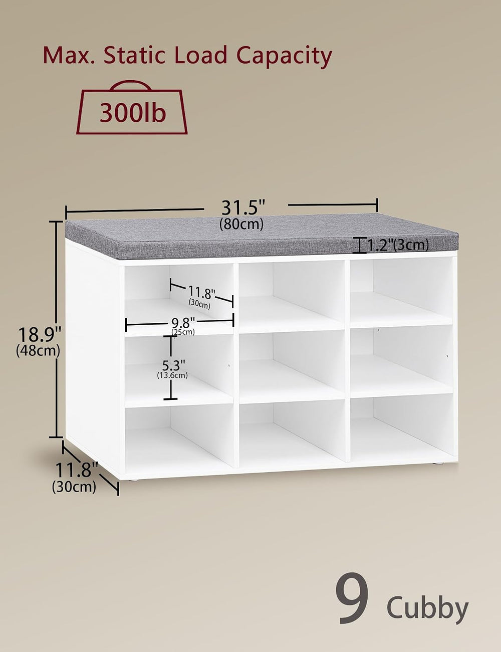 DINZI LVJ Shoe Storage Bench with Cushion, Cubby Shoe Rack with 9 Cubbies, Ad...