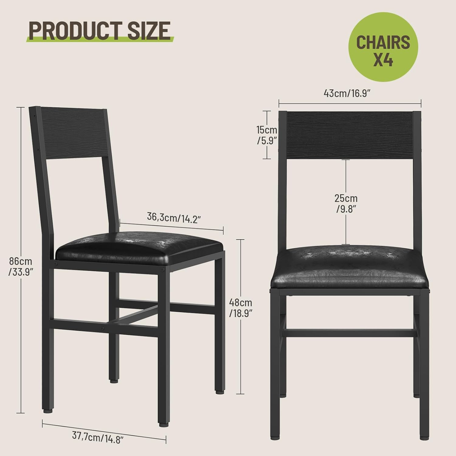 Dining Chairs Set of 4, Upholstered Kitchen Chairs with Ergonomic Backrest & Padded Seat, Metal Legs, Modern Dinner Chair for Kitchen Dining Room, Home, Cafe, Black