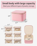 Vlando Travel Jewelry Box for Women,Faux Leather Jewelry Case with 6 Velvet Jewelry Zipper Pockets,Gift Ideas for Women Wife Earrings Necklace Rings Storage Boxes(Strawberry Pink)