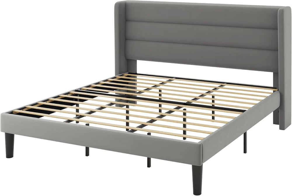 Allewie King Size Platform Bed Frame with Velvet Upholstered Wingback Headboa...