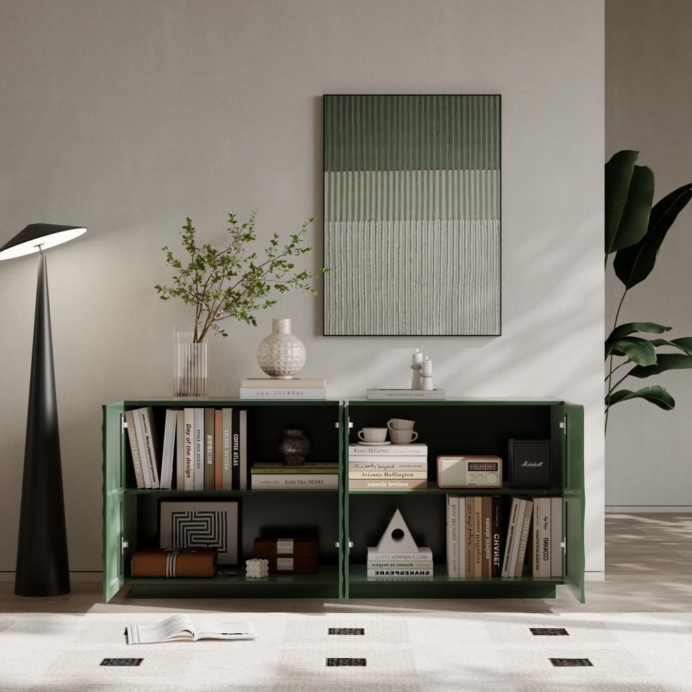 Sideboard Buffet Cabinet, 59"Green Accent Cabinet with 4 Doors, Mid Cent...
