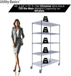 NSF Commercial 5-Tier Wire Shelving with Wheels, 48"x24"x72" Heavy Duty Metal Shelves 4000 lbs Max Capacity, Chrome Storage Rack for Garage Kitchen Pantry Warehouse