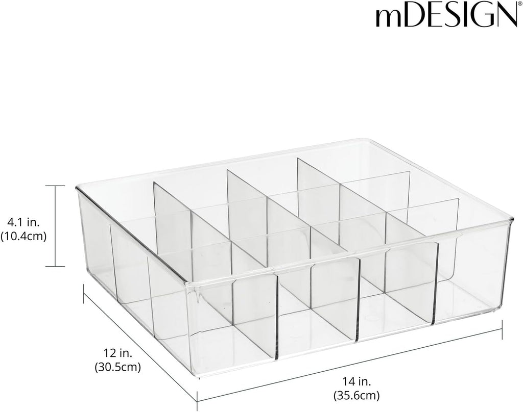 mDesign Plastic 12 Compartment Divided Drawer and Closet Storage Bin - Organizer for Scarves, Socks, Ties Bras, and Underwear - Dress Drawer Organizer, Shelf Organization - Clear
