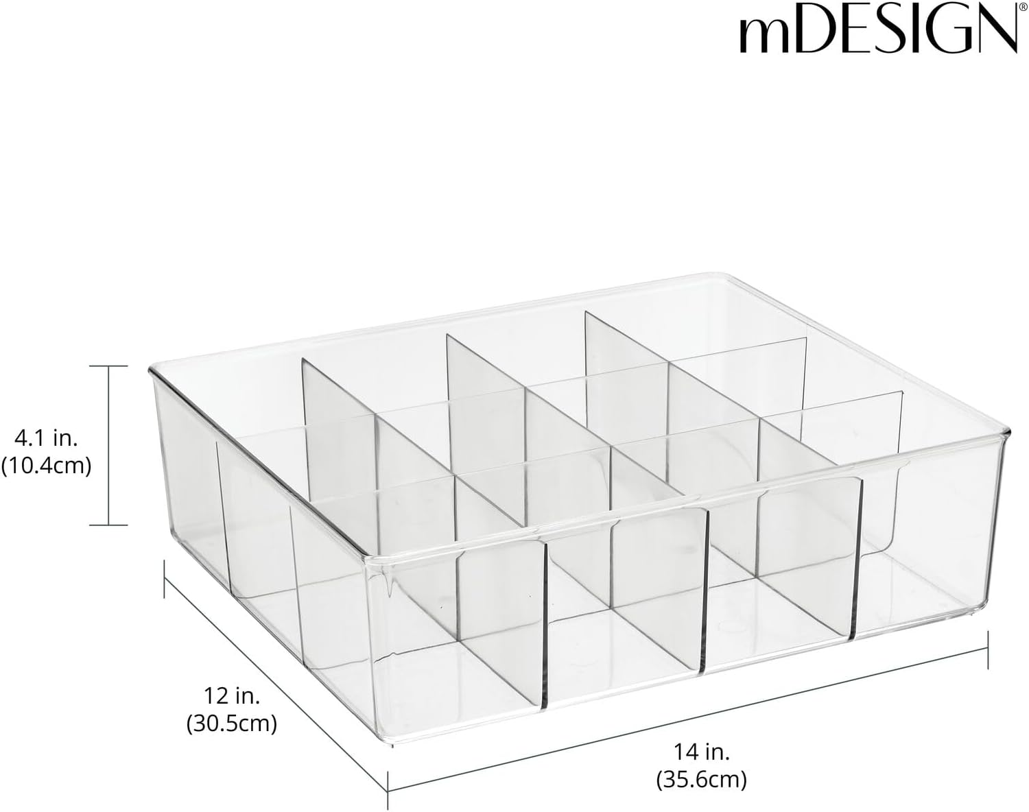 mDesign Plastic 12 Compartment Divided Drawer and Closet Storage Bin - Organizer for Scarves, Socks, Ties Bras, and Underwear - Dress Drawer Organizer, Shelf Organization - Clear