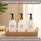 Shampoo Conditioner Body Wash Dispenser Set - Refillable Matte Plastic Cylindrical Bottles, 16.9 oz Pump Containers, Minimalist Bathroom Organization, Pack of 3, [White-Gold]