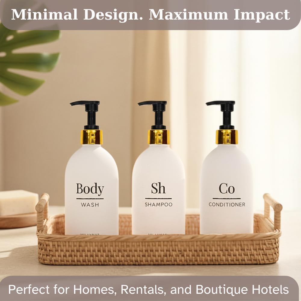 Shampoo Conditioner Body Wash Dispenser Set - Refillable Matte Plastic Cylindrical Bottles, 16.9 oz Pump Containers, Minimalist Bathroom Organization, Pack of 3, [White-Gold]