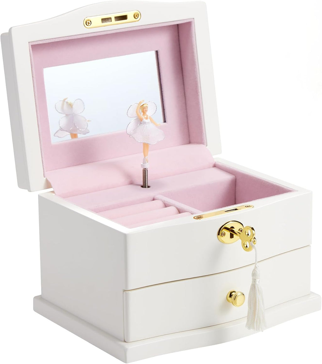 Ballerina Musical Jewelry Box with Mirror for girls，Kid's Jewelry Storage Music Chest (White-L)