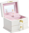 Ballerina Musical Jewelry Box with Mirror for girls，Kid's Jewelry Storage Music Chest (White-L)