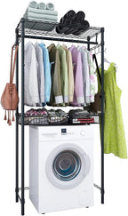 Xiofio Washer and Dryer Storage Shelf,Clothes Drying Rack,2 Tier Adjustable Height Storage Wire Basket with 2 Side Hook Laundry Shelves Used for Bathroom, Bedroom,Balcony,Black