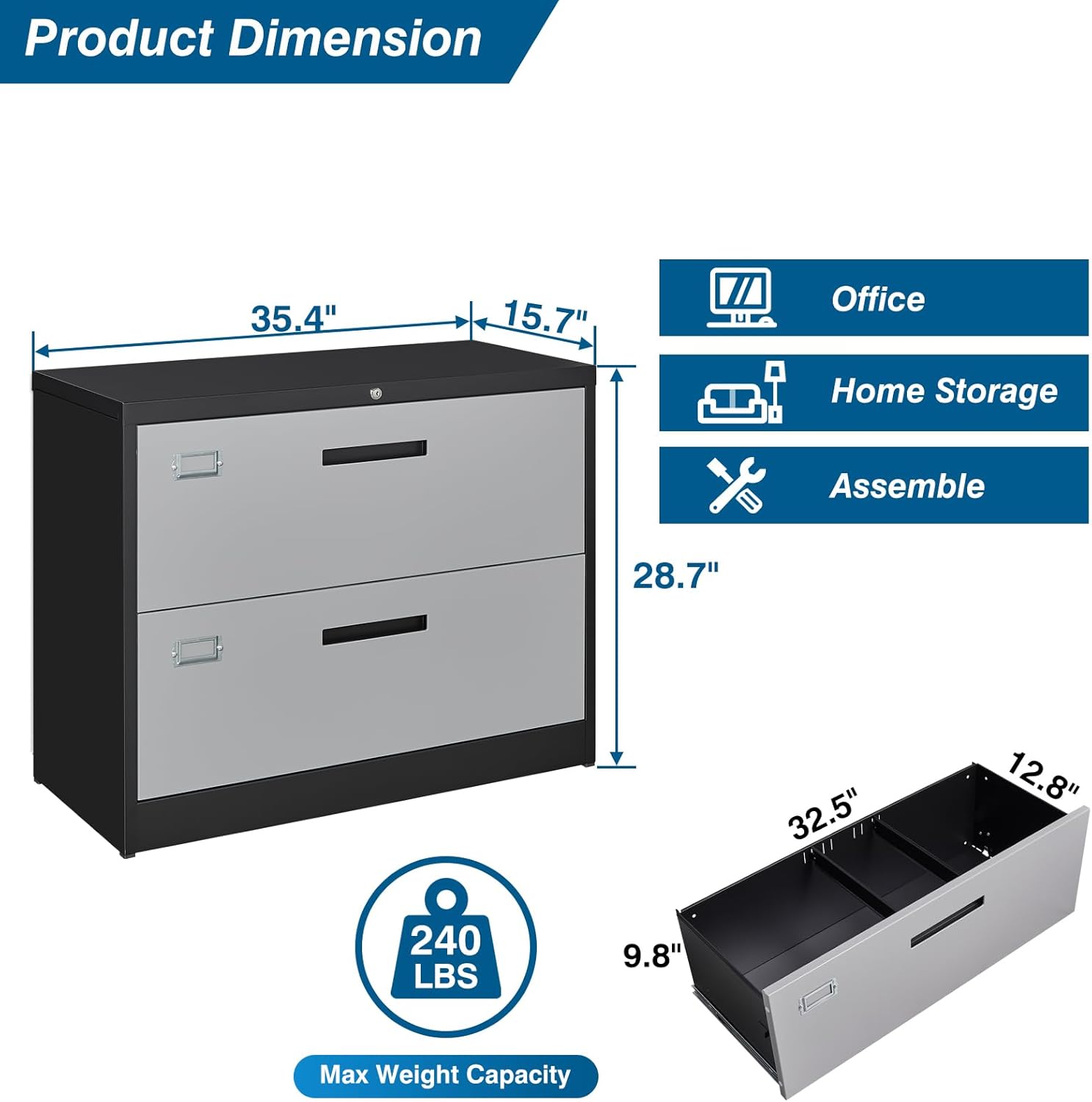 2 Drawer File Cabinet, Lateral Filing Cabinets for Home Office, Office Storage Drawers with Lock, Hanging Files Legal/Letter A4 Size (Assemble Required,Black Grey)