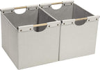 HOONEX Large Foldable Storage Bins, Linen Fabric, 2 Pack, with Wooden Carry Handles and Sturdy Heavy Cardboard, for Home, Office, Car, Nursery, Beige