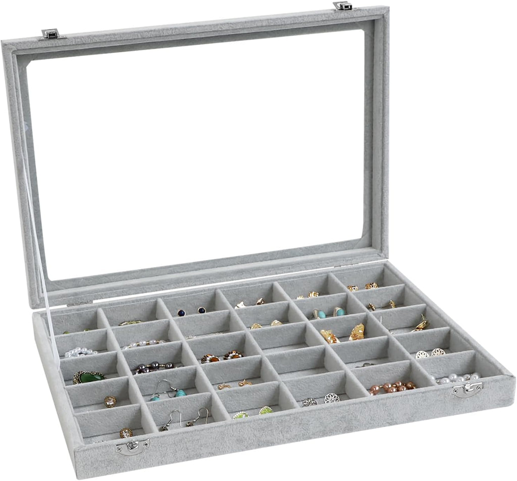 Wudygirl 30 Grid Jewelry Organizer Velvet Jewelry Box Jewelry Tray with Clear Lid Storage Case Showcase Display Stackable Removable (30 Grid)
