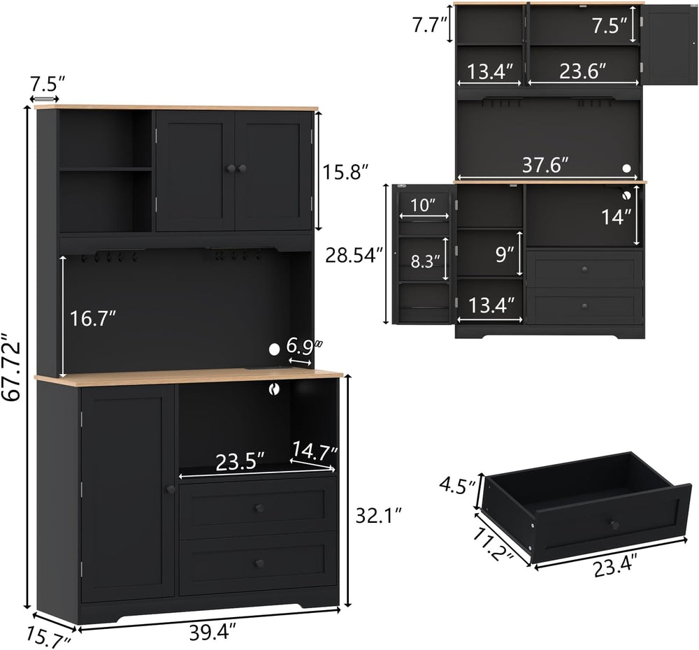 68"Tall Kitchen Pantry Storage Cabinet with Charging Station, Door &...