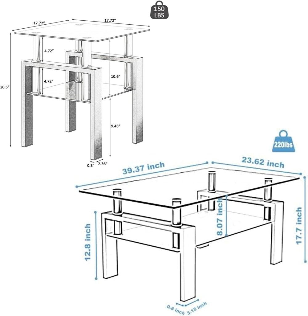 Living Room Tables Set,3 Piece Glass Coffee Table and End Tables Set for Livi...