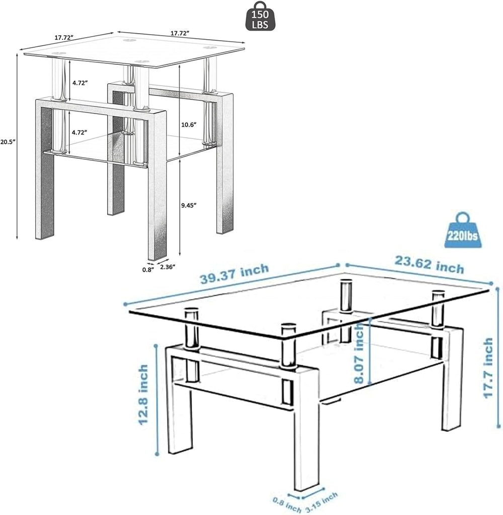 Living Room Tables Set,3 Piece Glass Coffee Table and End Tables Set with Tem...