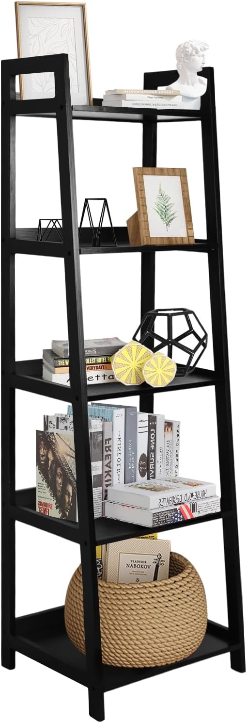 Acehome 5 Tier Ladder Shelf, Large Capacity Bookshelf with Steel Frame and Wooden Surface, for Living Room, Bedroom, Kitchen, Black