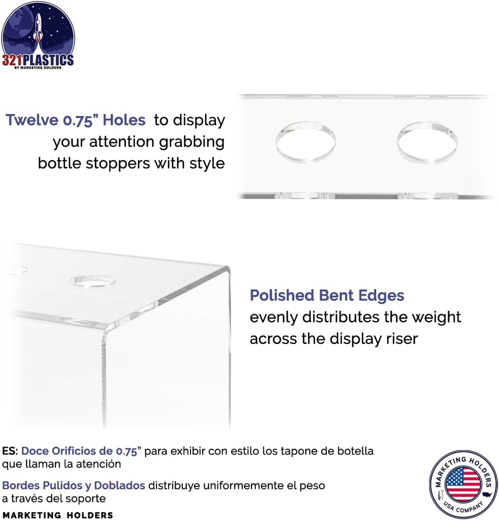 Marketing Holders Wine Bottle Topper Liquor Pourer Display Stand 12 Slot Rack .75 Inch Wide Holes Clear Acrylic 2 Tier Riser 11.75 Inch Wide by 4.75 Inch Deep Retail Countertop Showcase