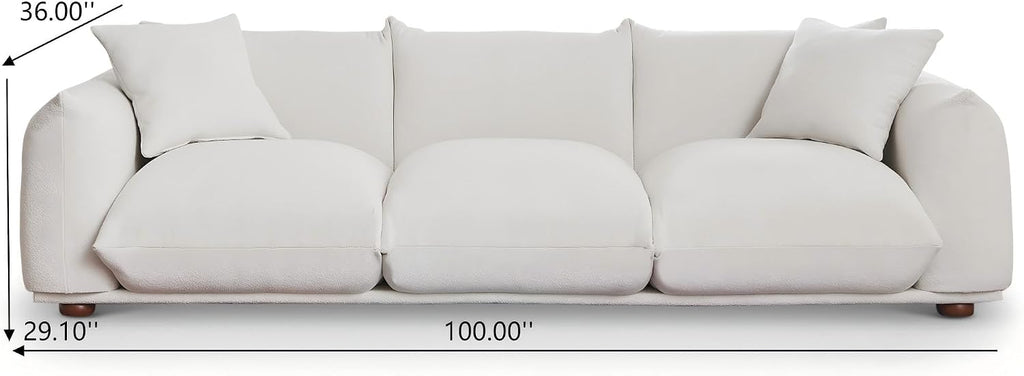 Sofa Couch, 100", 3 Seater, Solid Wood Frame, Boucle, Minimalist, Cream | Mid Century Modern 3 Seater Upholstered Couch, Nordic Minimalist Comfy Sofa, Solid Wood Frame Living Room Furniture