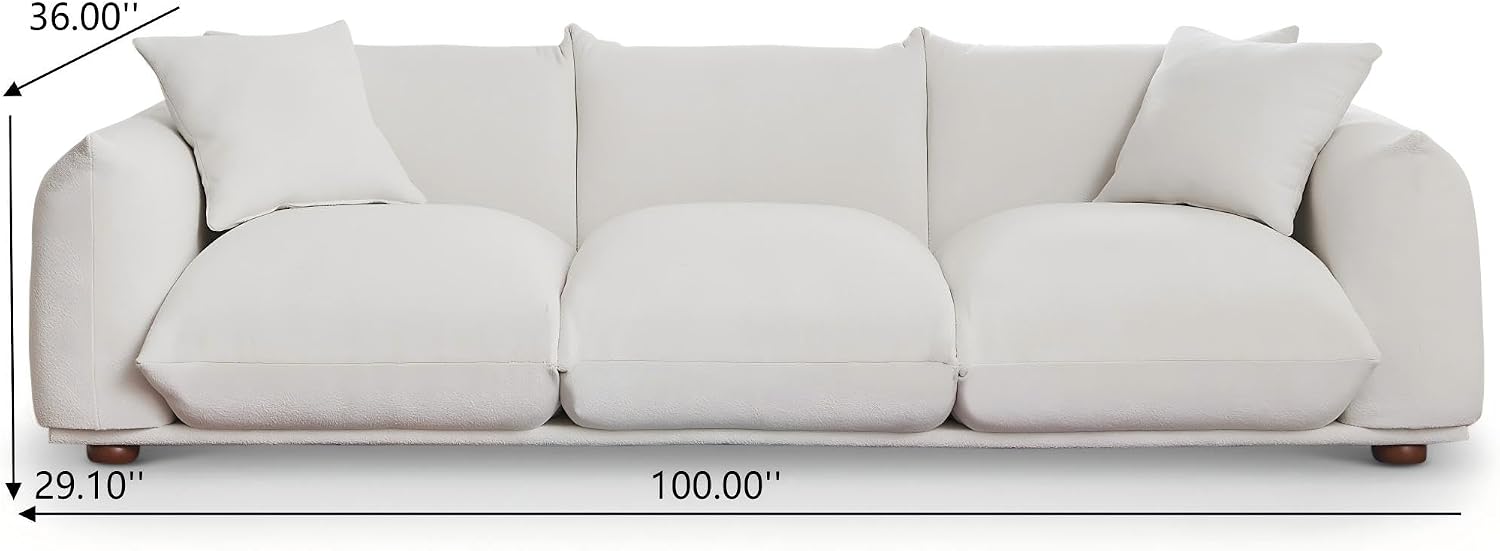 Sofa Couch, 100", 3 Seater, Solid Wood Frame, Boucle, Minimalist, Cream | Mid Century Modern 3 Seater Upholstered Couch, Nordic Minimalist Comfy Sofa, Solid Wood Frame Living Room Furniture