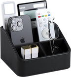 Remote Control Holder, PU Leather Small Desk Organizer with 4 Compartments, Nightstand Organizer Desk Caddy for Remote, Notepad, Phone, Glasses, and Accessories (Black)