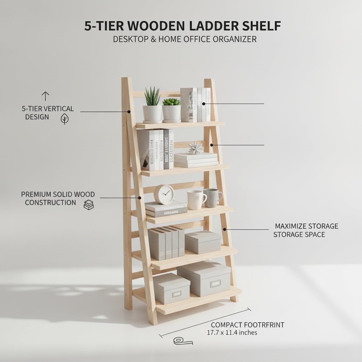 5-Tier Wooden Ladder Shelf, Solid Wood Vertical Storage Rack for Desktop and Home Office, Compact Bookcase Organizer (1 PC)