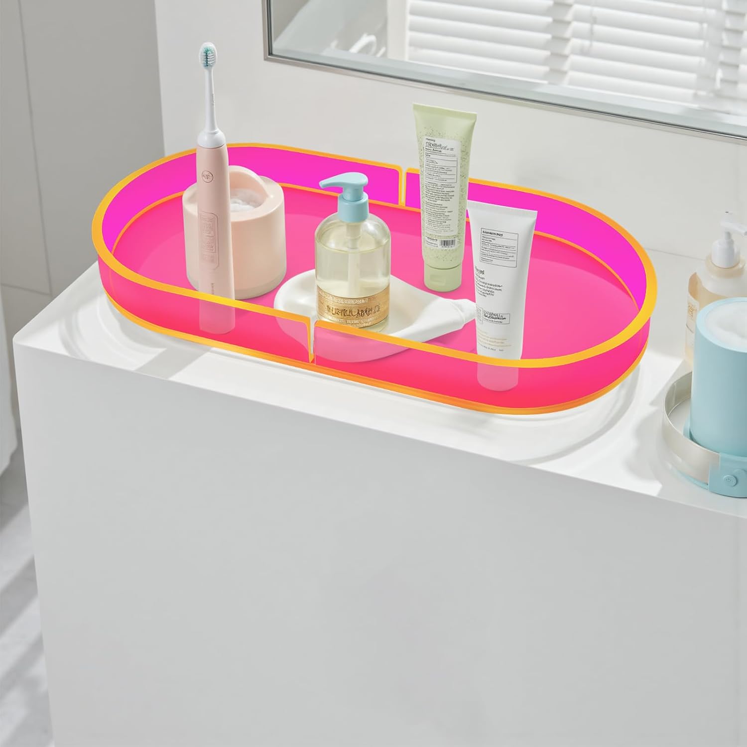 Acrylic Decorative Vanity Tray Perfume Jewelry Trinket Tray for Bathroom Counter Soap Toilet Tank Sink Small Candle Catch All Organizer, 12.6x6.3 Inches, Neon Pink