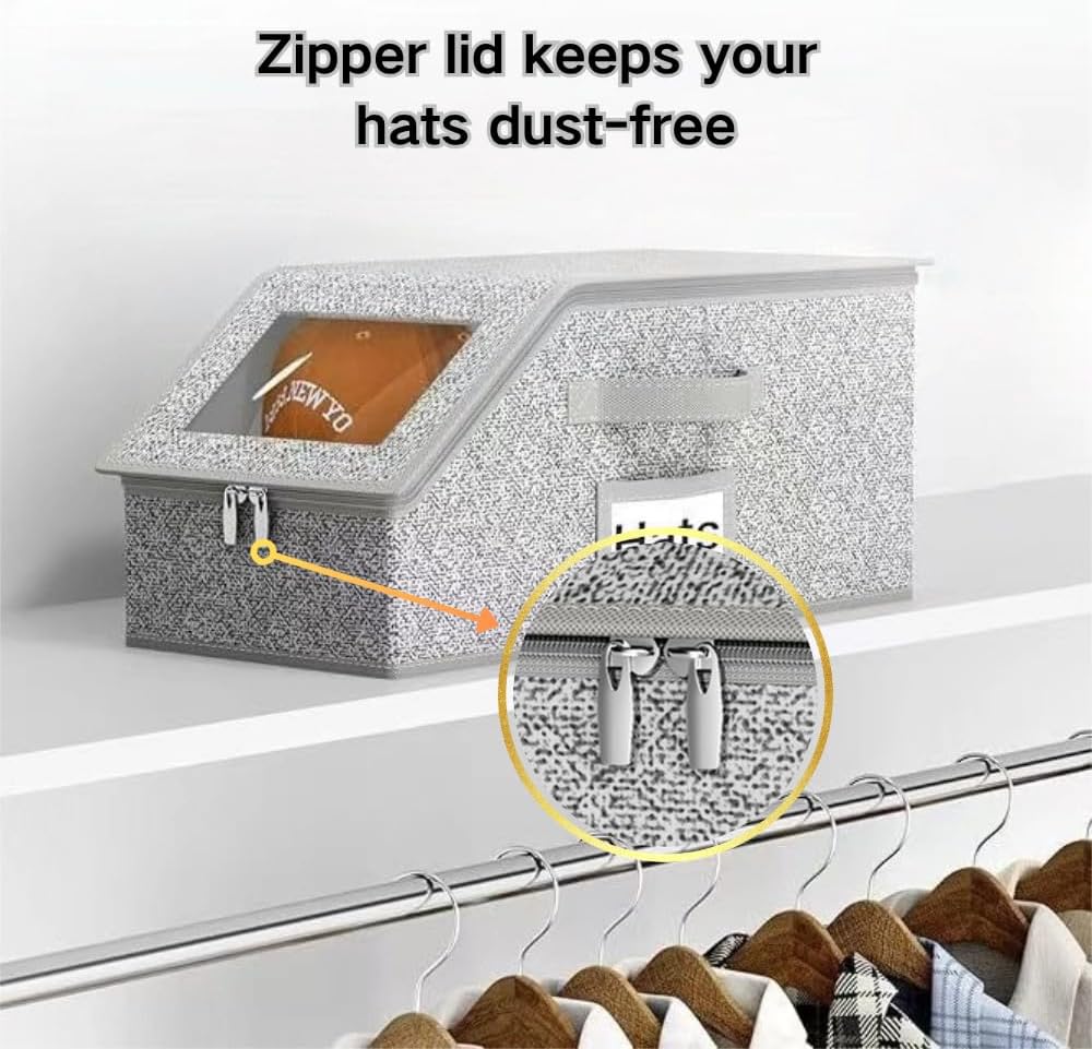 Space-Saving Hat Box with Clear Window Zipper Lid 2-Pack Stackable Closet Hat Organizer for Baseball Caps 16.5*9*7 Inches Grey