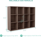 12-Cube Storage Shelf Bookcase - Wooden 3-Tier Floor Standing Open Bookshelf for Home and Office, Cuby Orgainzer, Walnut