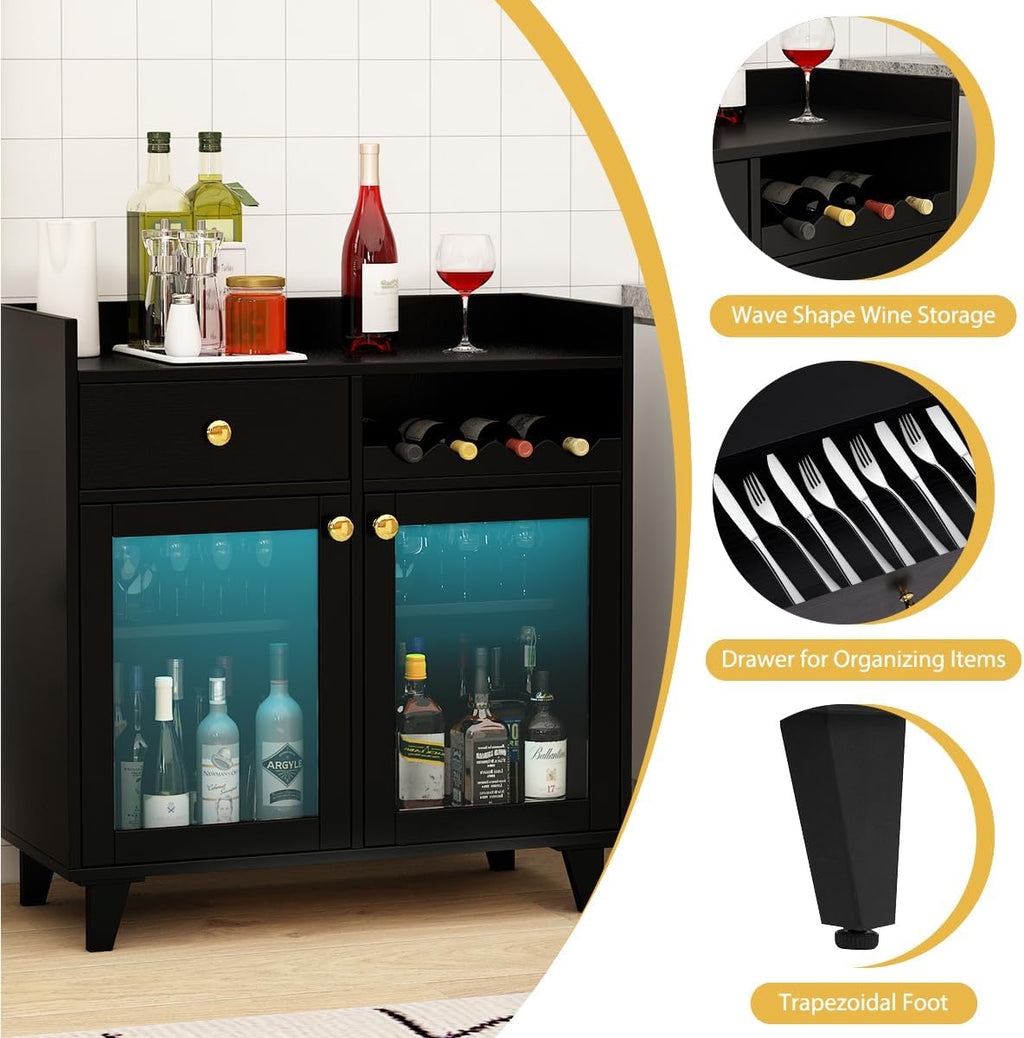 COCO DESIGN Small Bar Cabinet, Black Modern Liquor Wine Cabinet with Storage with Led Light for Home, Farmhouse Buffet Coffee Sideboard with Glass Door & Wavy Wine Rack for Kitchen