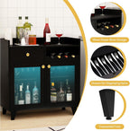 COCO DESIGN Small Bar Cabinet, Black Modern Liquor Wine Cabinet with Storage with Led Light for Home, Farmhouse Buffet Coffee Sideboard with Glass Door & Wavy Wine Rack for Kitchen