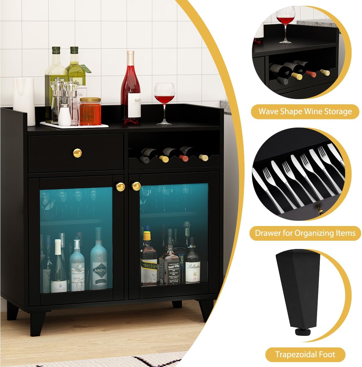 COCO DESIGN Small Bar Cabinet, Black Modern Liquor Wine Cabinet with Storage with Led Light for Home, Farmhouse Buffet Coffee Sideboard with Glass Door & Wavy Wine Rack for Kitchen