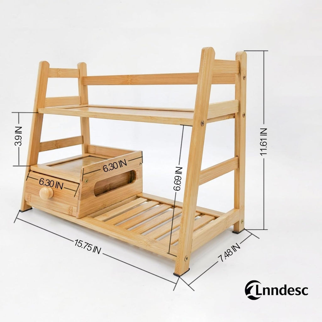 Tea Matcha Coffee Bamboo Station with Drawer for Kitchen and Office | countertop tidying, two-tier design, easy to clean, requires no complicated assembly, multi-scene use, tea drawer