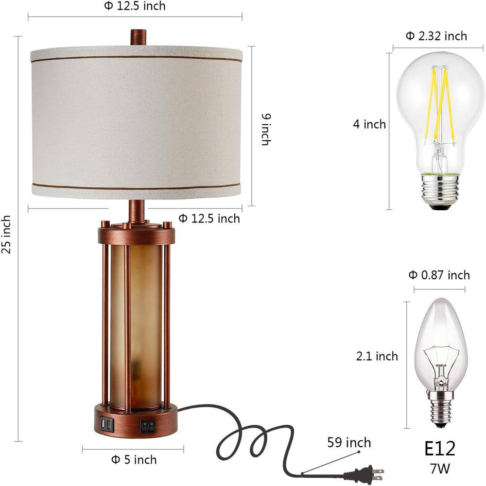 RORIA Set of 2 Farmhouse Table Lamps for Living Room with 2 USB Ports