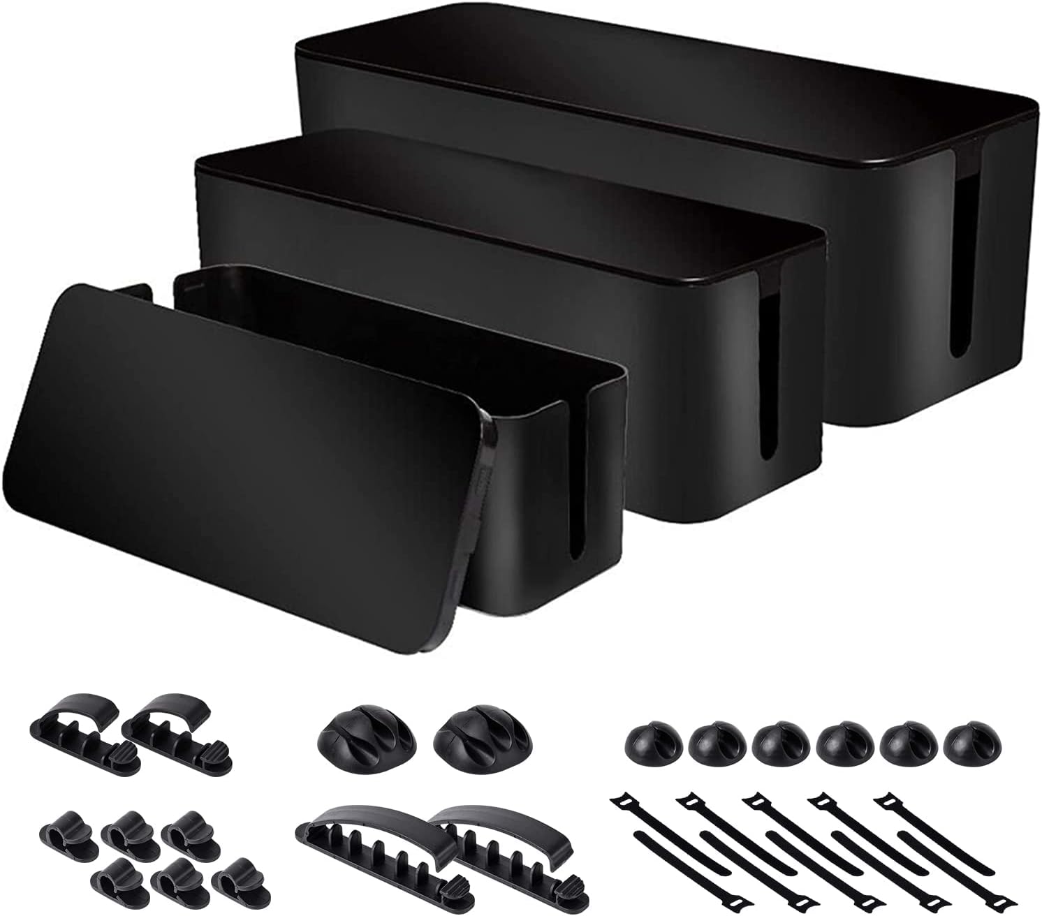 Cable Organizer Box Set of Three, Power Cover Cord Holder Surge Protector for Desk (Black)