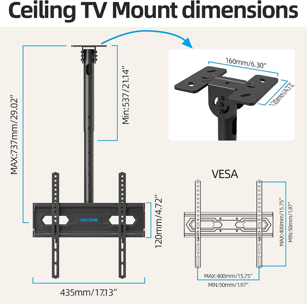 USX STAR Ceiling TV Mount for 26-65 inch TVs, 360° Swivel Full Motion Ceiling...