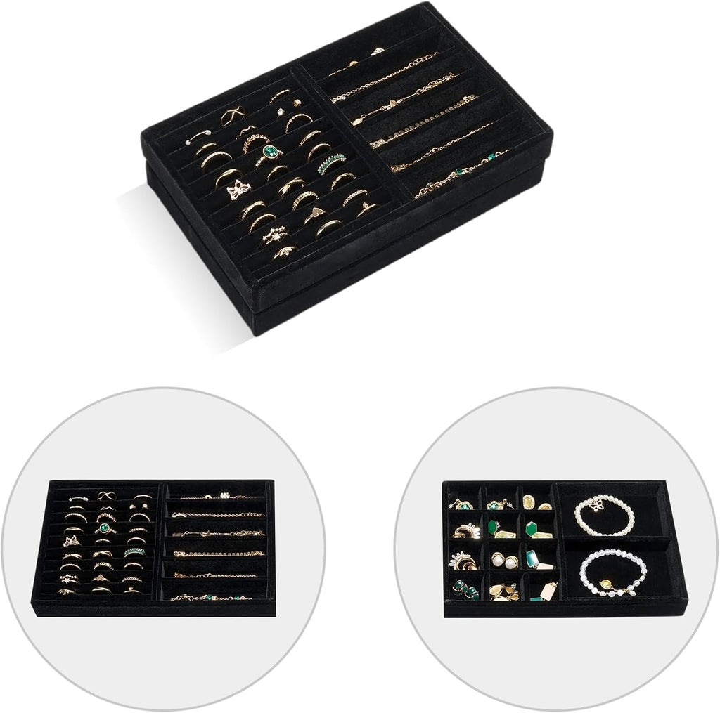 ProCase Stackable Jewelry Organizer Trays for Drawers, Jewelry Drawer Inserts Container Display Case Storage for Earring Necklace Rings Bracelet with Removable Dividers -Allblack, 2 Layers