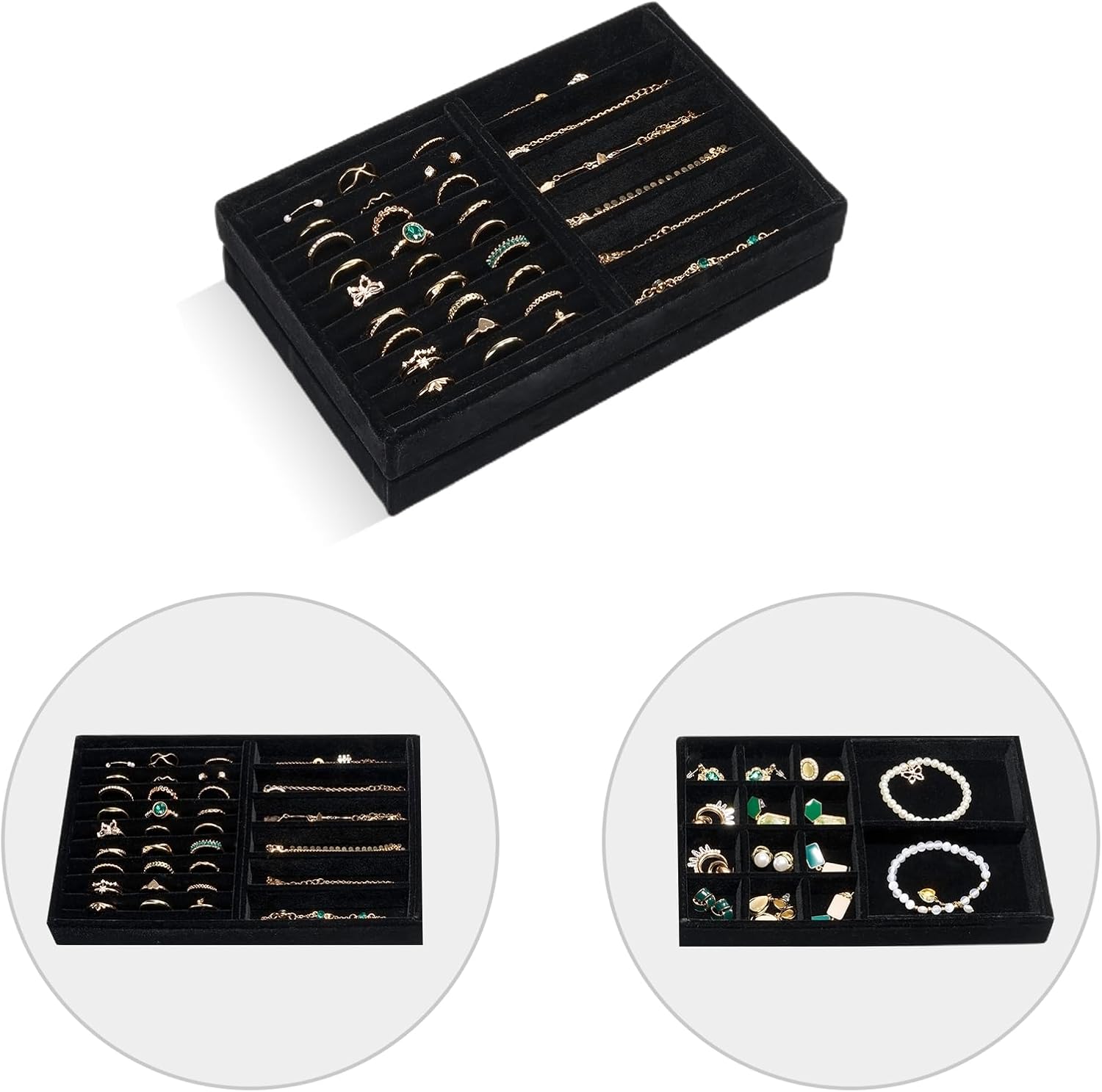 ProCase Stackable Jewelry Organizer Trays for Drawers, Jewelry Drawer Inserts Container Display Case Storage for Earring Necklace Rings Bracelet with Removable Dividers -Allblack, 2 Layers