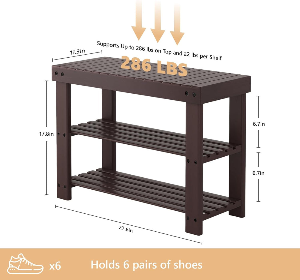 NEWBULIG Shoe Rack Bench, 3-Tier Bamboo Shoe Organizer, Wooden Entryway Stora...
