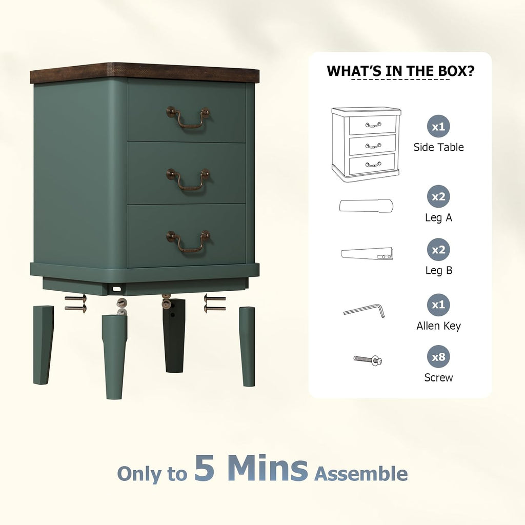 Wnutrees Farmhouse Nightstand with 3 Drawers, Modern Bedside Table, Green | Wood End Side Unit with Round Curved Corner and Metal Handles, Set of 2 Nightstands for Living Room, Hallway