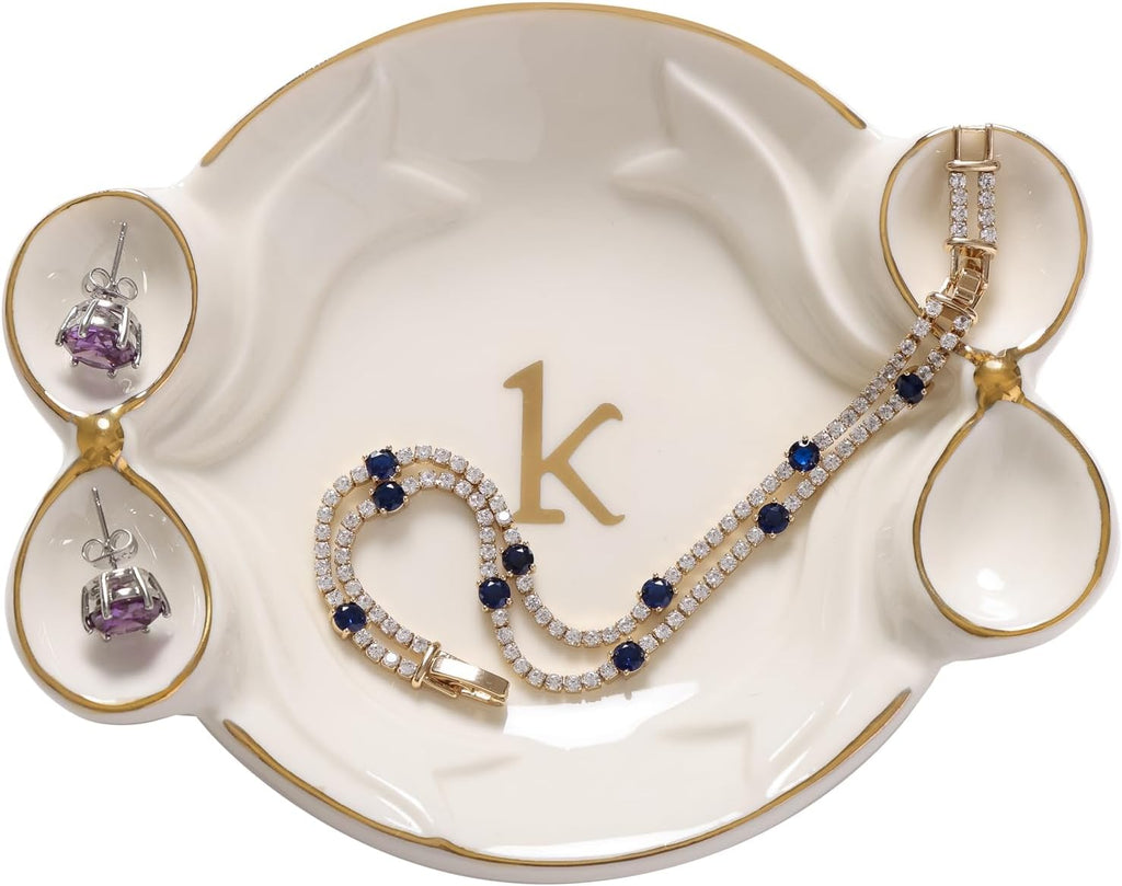Ceramic Jewelry Tray, Exquisite Handmade Initial Ring Dish with Double Bow Design, Perfect for Organizing Rings Earrings Necklaces Keys, Gifts for Women on Birthday Mother's Day Christmas