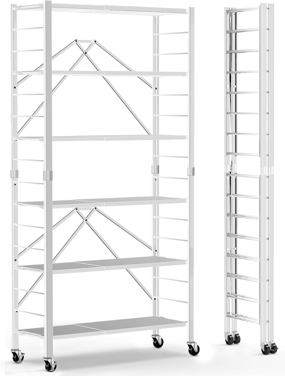 6-Tier Foldable Storage Shelves Expandable Shelf Wheels White 2-in-1