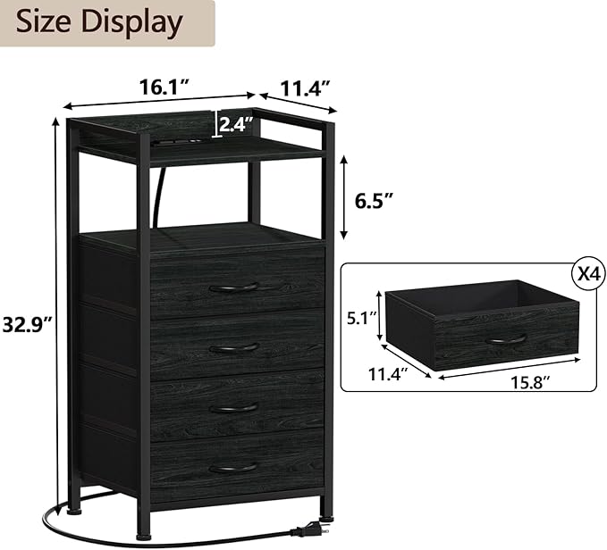 Furnulem Night Stand with Charging Station, Black Nightstand with Drawers and...