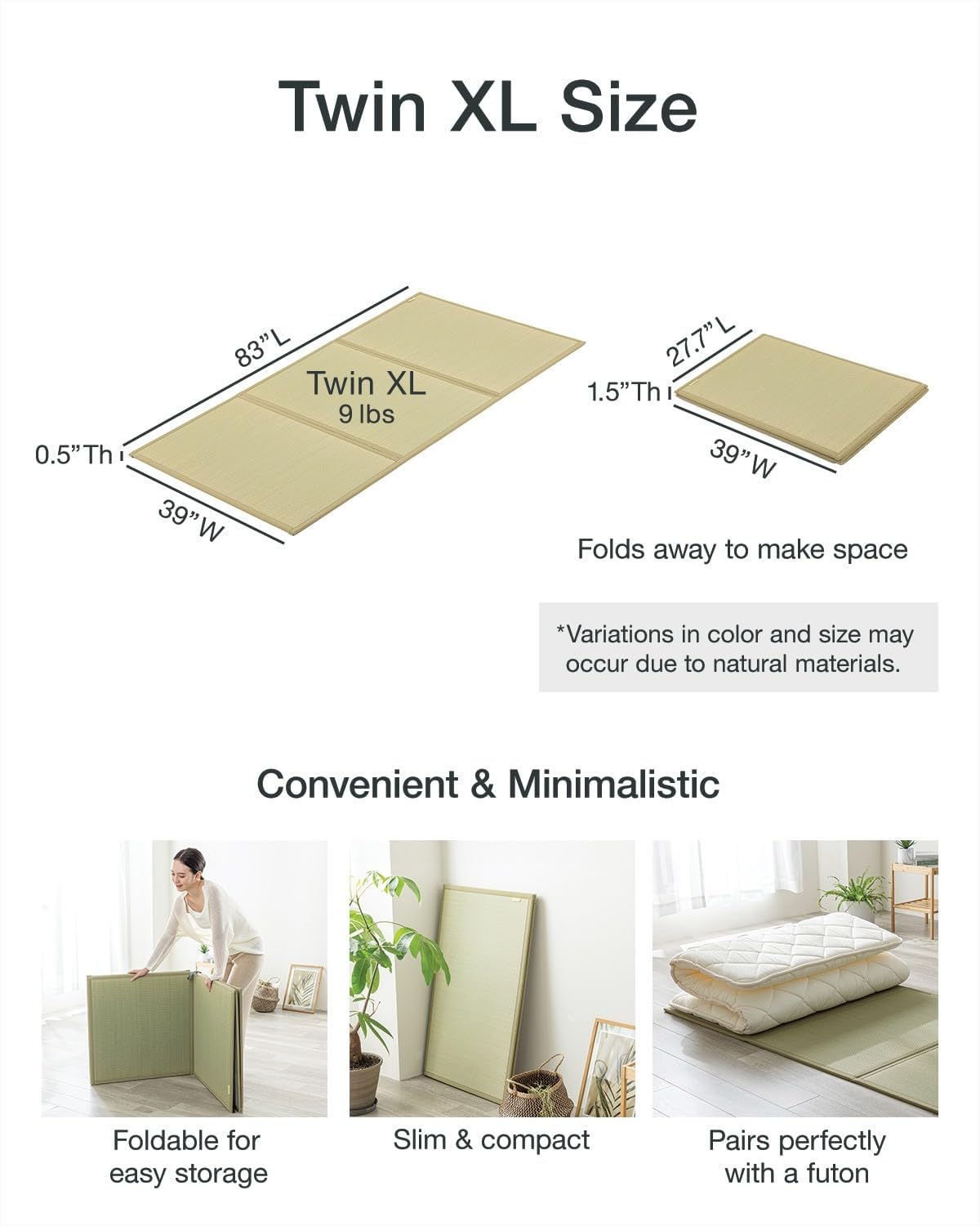 FULI Japanese Tatami Mattress, Foldable Igusa Rush Grass, Natural, Twin XL | Tatami Rug, Japanese Floor Mattress Mat, Made in Japan, 0.5 in thick, firm woven surface, tri-fold design